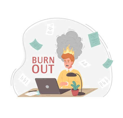 Professional burnout cartoon composition with mentally exhausted man with burning head working on laptop vector illustration