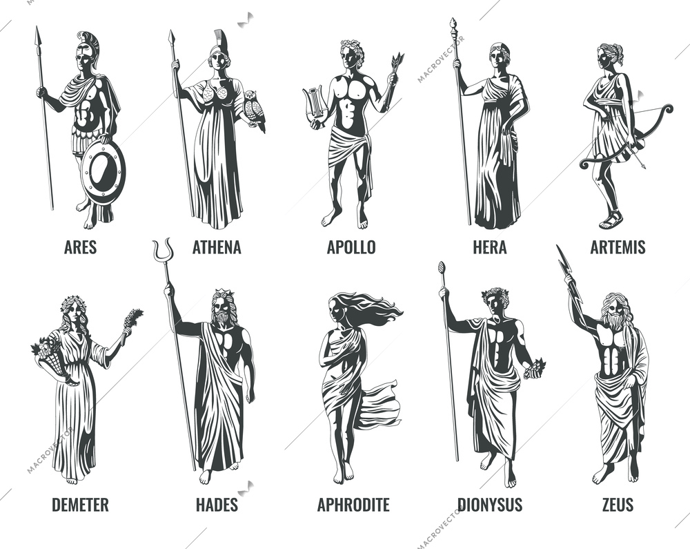 Ancient greek olympian gods with their names flat black and white set isolated vector illustration