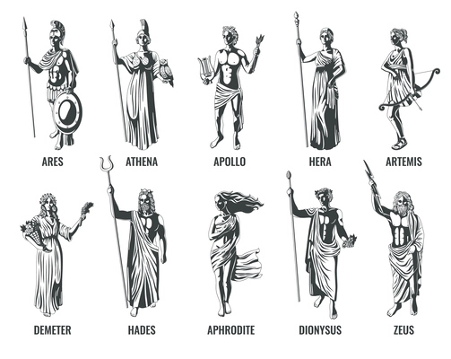 Ancient greek olympian gods with their names flat black and white set isolated vector illustration