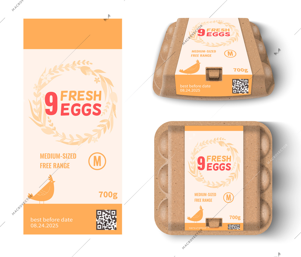 Nine chicken eggs cardboard package mockup and label template isolated on white background realistic vector illustration