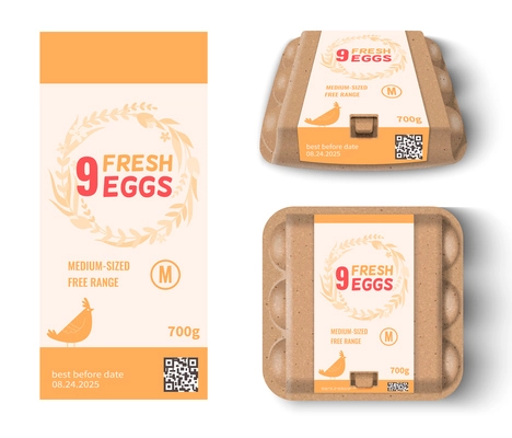 Nine chicken eggs cardboard package mockup and label template isolated on white background realistic vector illustration