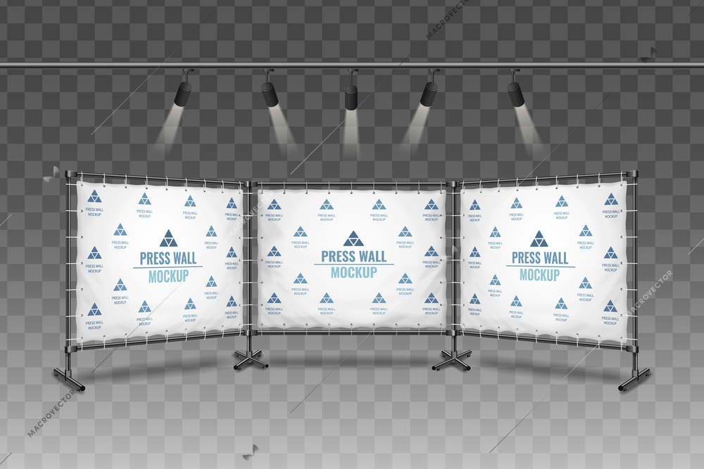 Realistic press wall mockup illuminated by spotlights on transparent background vector illustration