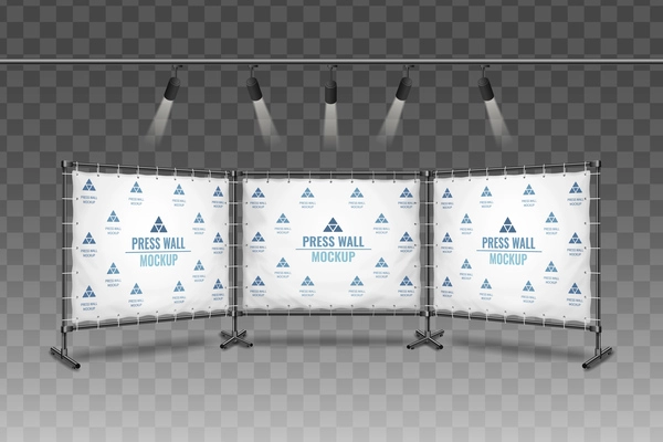 Realistic press wall mockup illuminated by spotlights on transparent background vector illustration