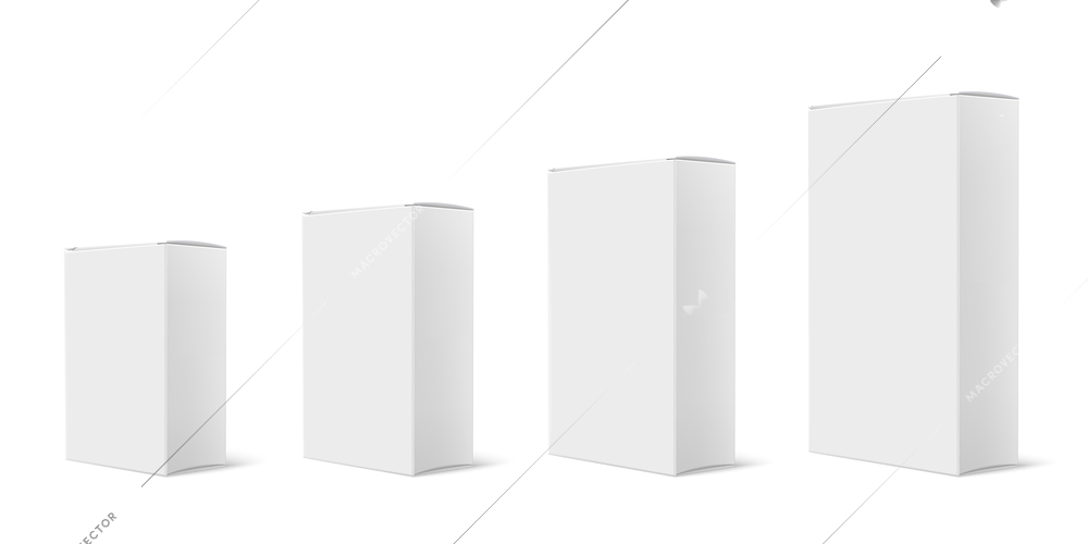 Realistic box mockup set with isolated images of four similar scaled white boxes of different size vector illustration