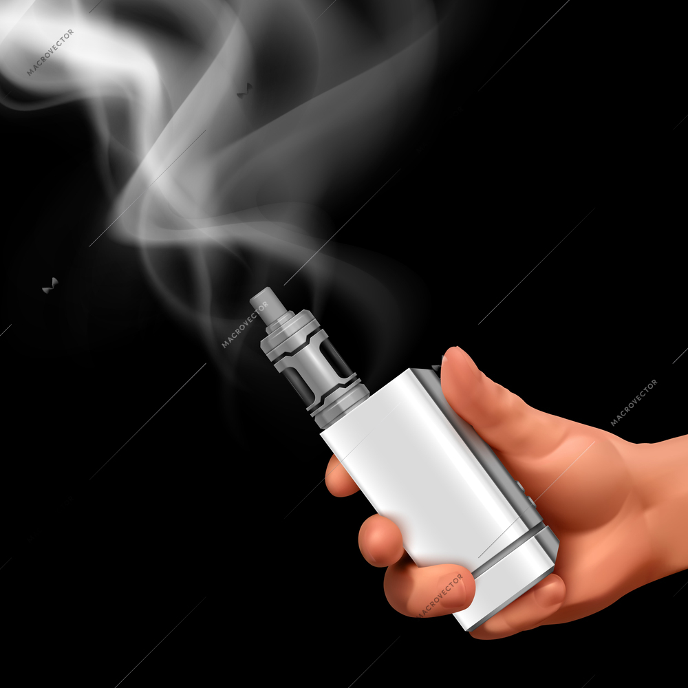 Realistic vape composition with human hand holding vaping device with smoke puff image on black background vector illustration