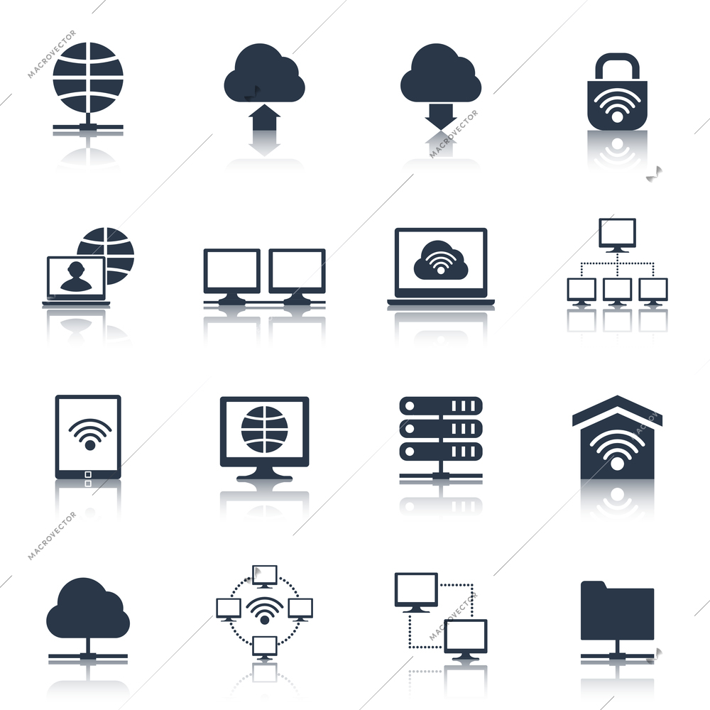 Network cloud computing wifi connection icons black set isolated vector illustration