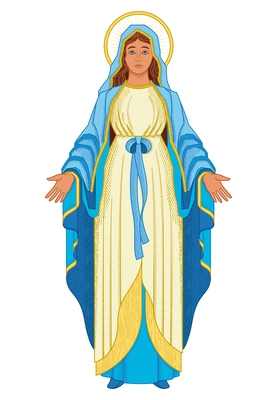 Virgin mary color composition with isolated image of saint woman with blue dress and golden halo vector illustration