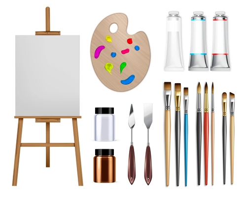 Artist tools oil paint realistic set with isolated images of paint brushes palette and drawing easel vector illustration