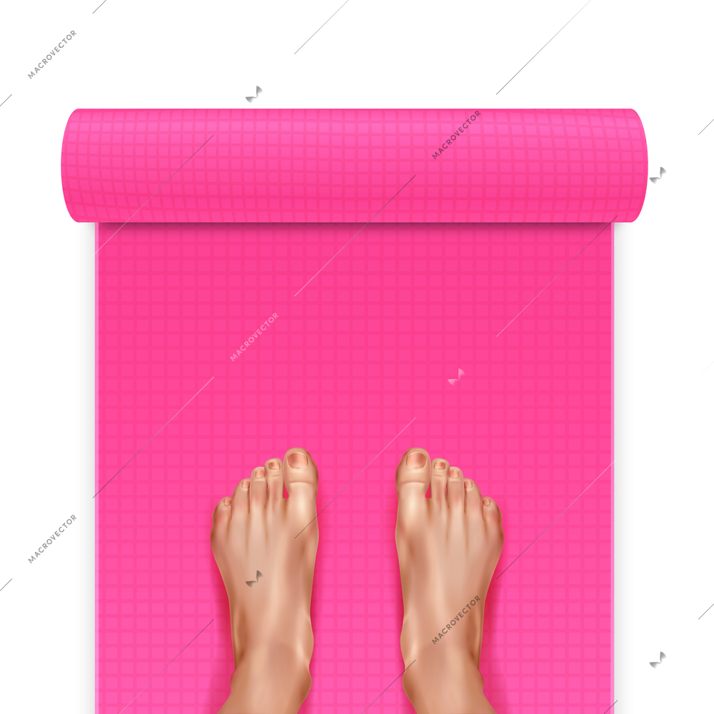 Top view on pink color yoga mat with bare female feet realistic vector illustration