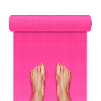 Top view on pink color yoga mat with bare female feet realistic vector illustration