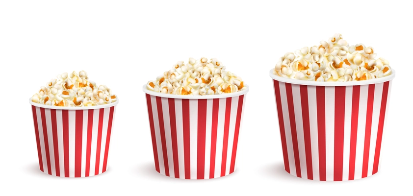 Realistic sweet and salty popcorn in striped buckets icons set isolated vector illustration