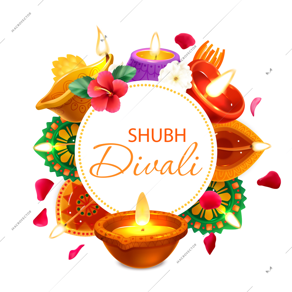 Realistic Diwali frame with traditional holiday symbols and ornaments vector illustration
