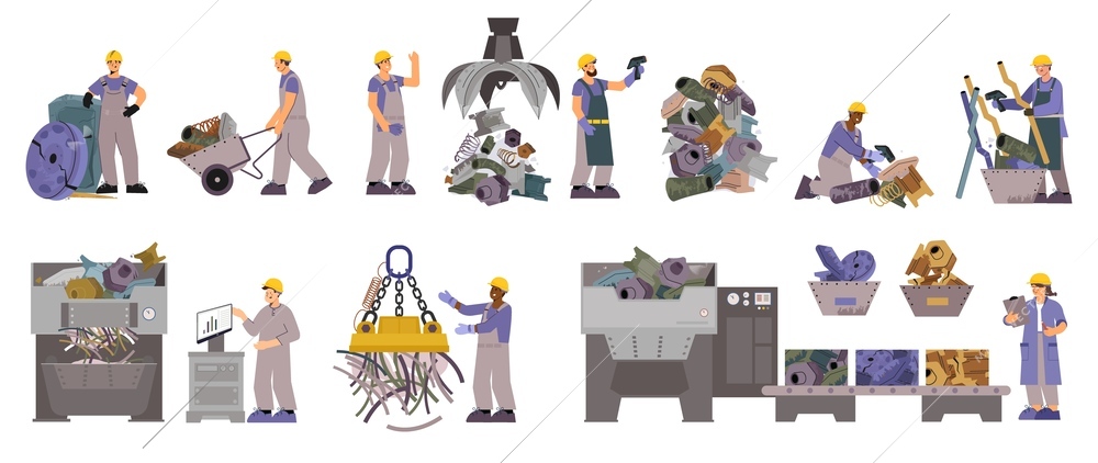 Scrap metal flat set with isolated images of machinery workers and iron waste items being pressed vector illustration