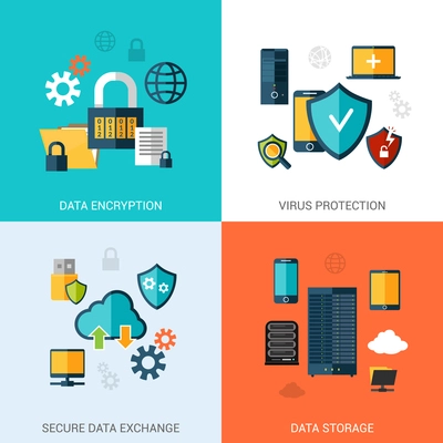 Data protection set with encryption secure exchange storage flat icons isolated vector illustration