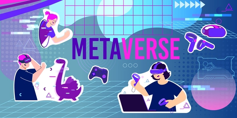 Metaverse flat collage composition with objects in virtual reality and people with joysticks wearing vr helmets vector illustration