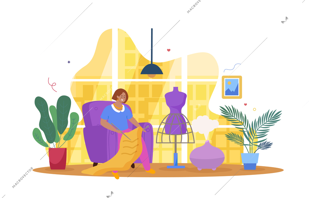 Creative people flat background with female character cutting off piece of fabric for sewing dress vector illustration