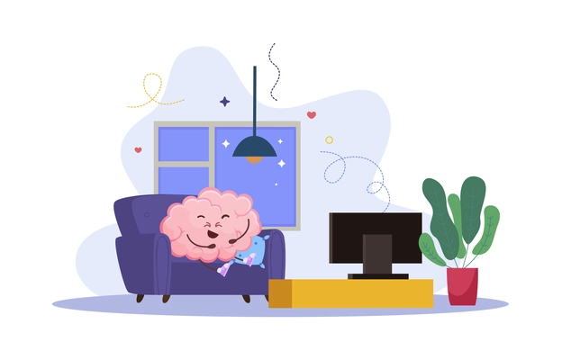 Relax concept with cute pink human brain cartoon character looking tv flat background vector illustration