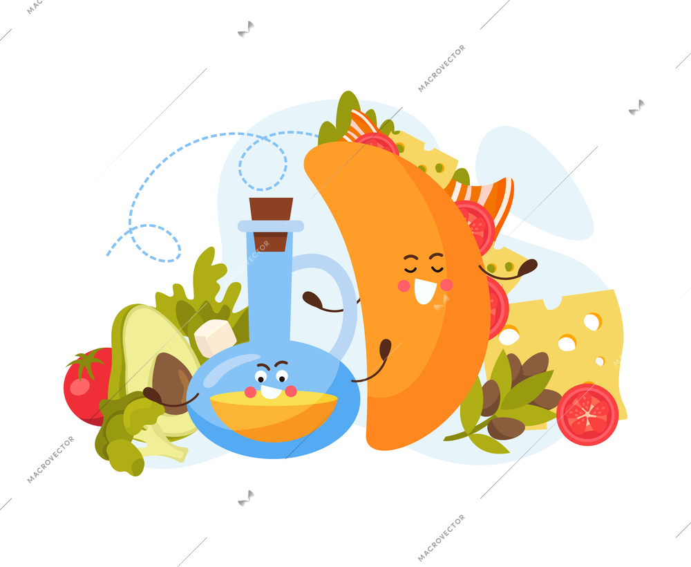 Taco cartoon flat vector illustration with funny food characters and natural products and vegetables for cooking national mexico dish