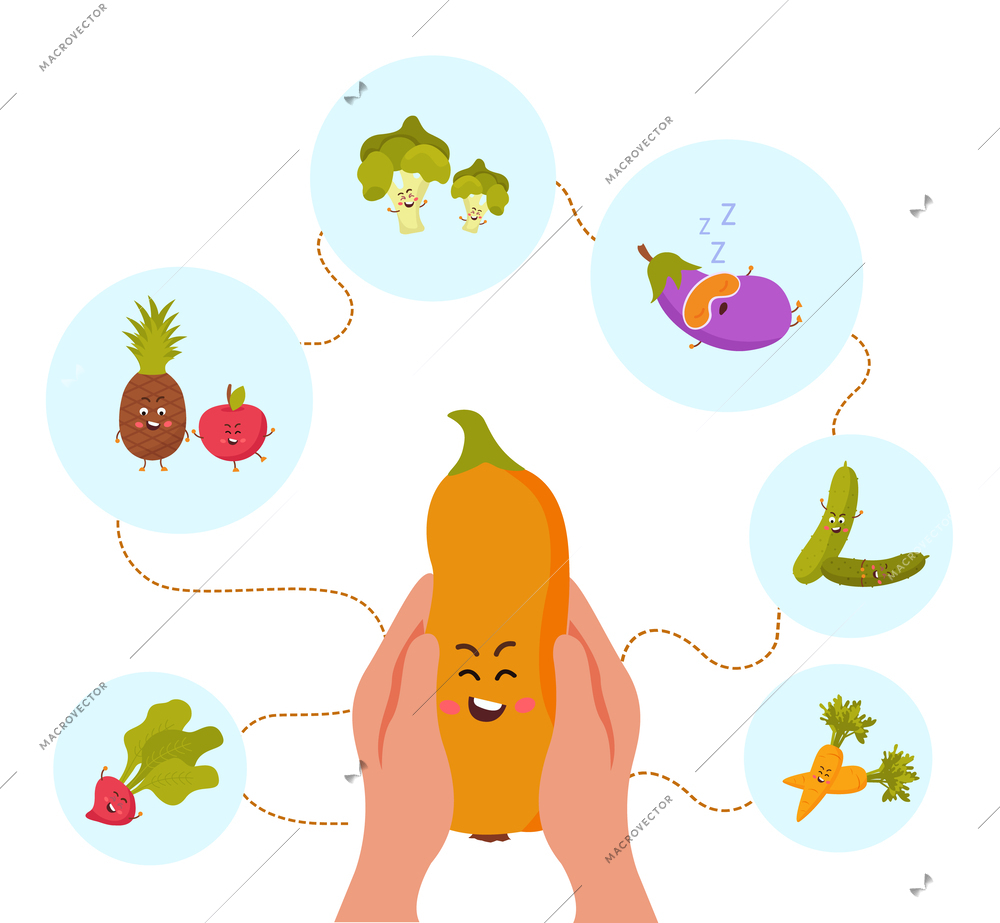 Diet cartoon concept with   vegetables round icons and laughing zucchini character in human hands flat vector illustration