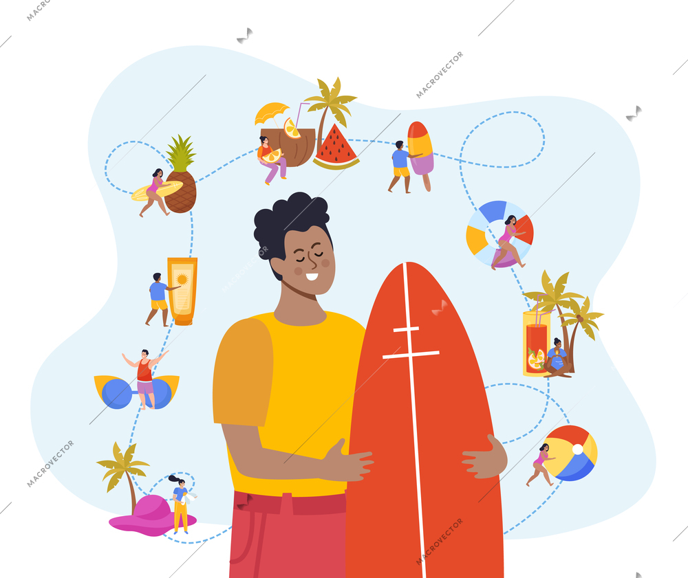 Relax and chill flat background with happy boy holding board for surfing and small icons on south theme vector illustration