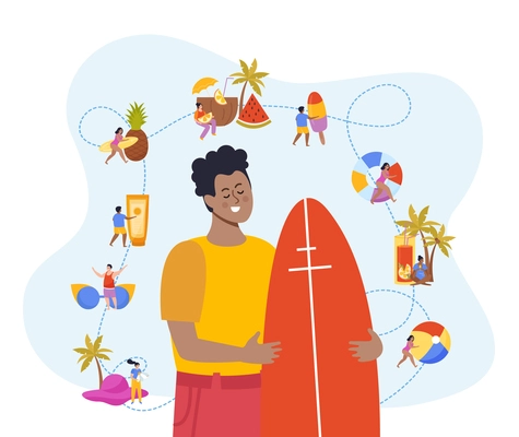 Relax and chill flat background with happy boy holding board for surfing and small icons on south theme vector illustration