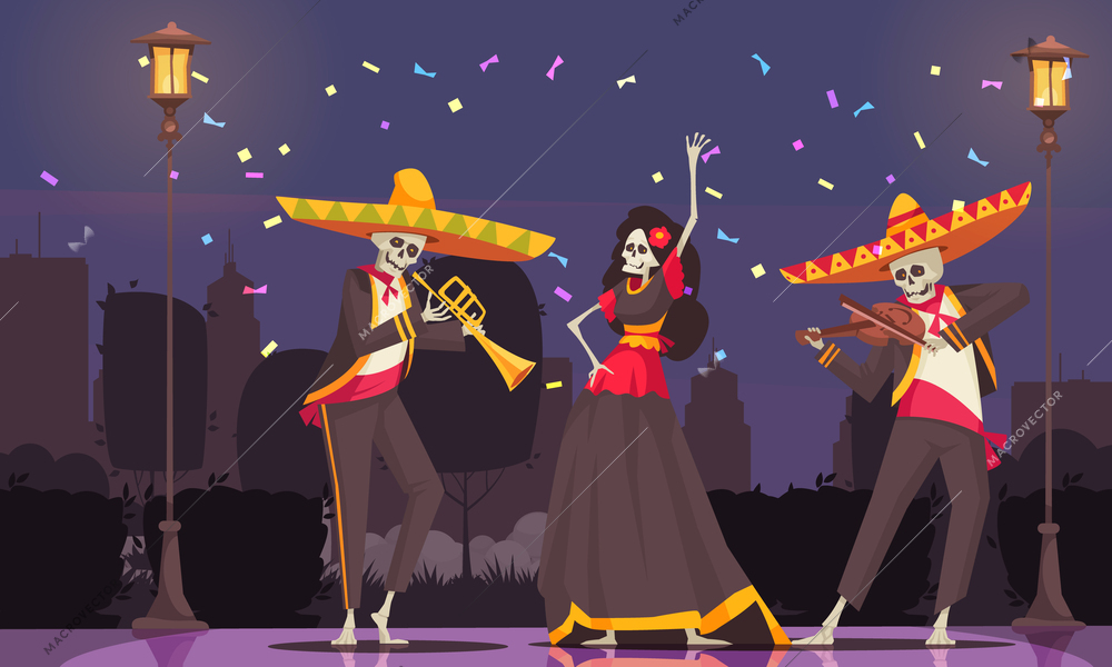 Mexico day of dead background with spooky festival symbols flat vector illustration