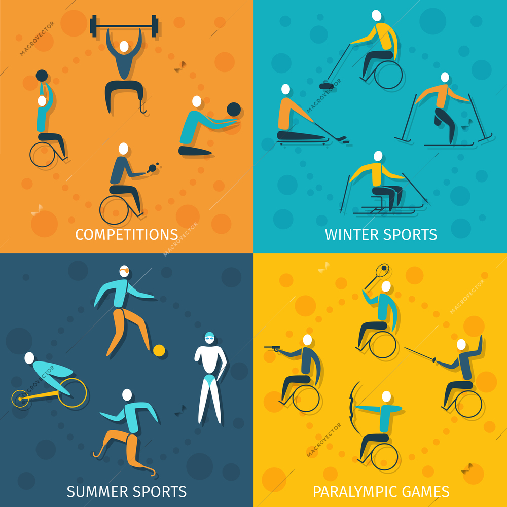 Disabled sports design concept set with winter and summer competition paralympic games flat icons isolated vector illustration