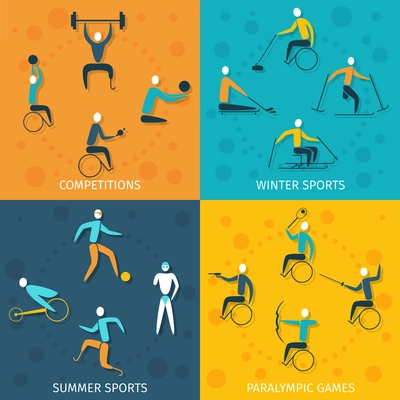 Disabled sports design concept set with winter and summer competition paralympic games flat icons isolated vector illustration