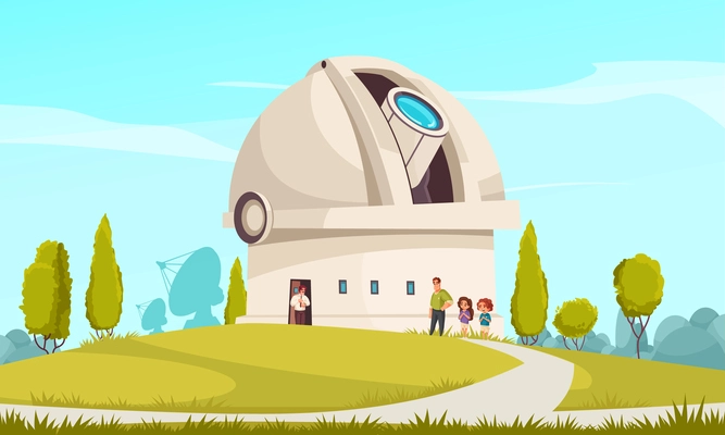 Observatory building background with planetarium symbols flat vector ilustration