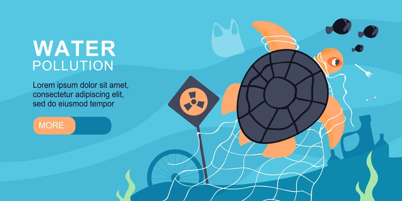 Water pollution flat banner with sea turtle stucked in plastic net vector illustration