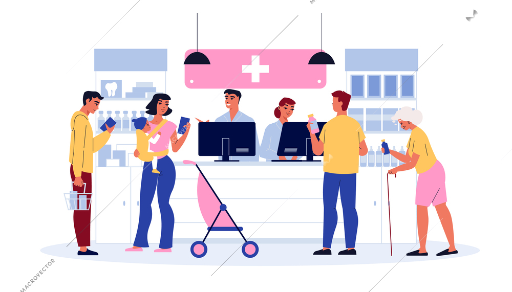 Pharmacy flat composition with people buying medical pills in drugstore vector illustration