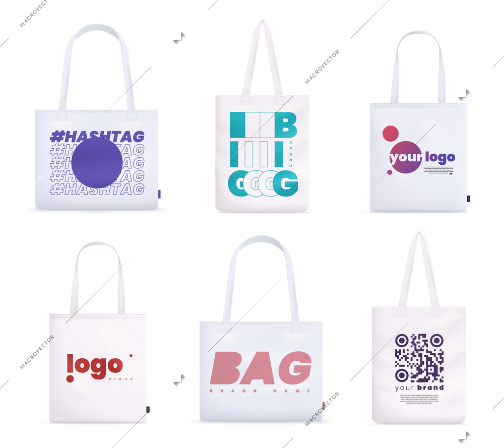 Tote fabric bag mockup realistic set with isolated images of modern cloth bags with different artworks vector illustration