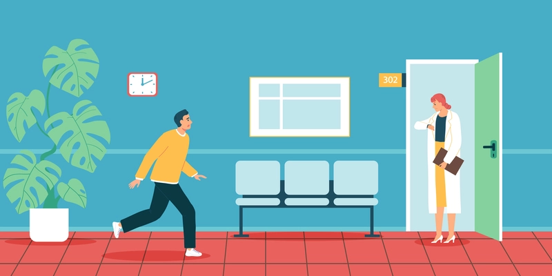 Angry doctor waiting for patient being late for his appointment and going along corridor flat vector illustration