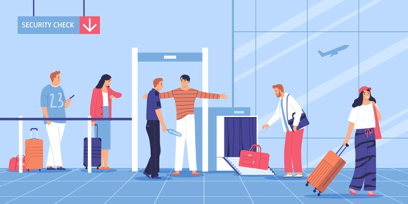 Passengers going through security check and taking their luggage at airport flat vector illustration