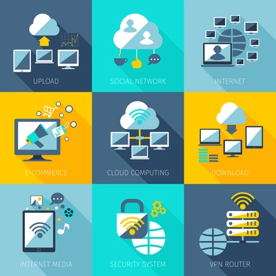 Network concept set with upload social network internet icons set isolated vector illustration