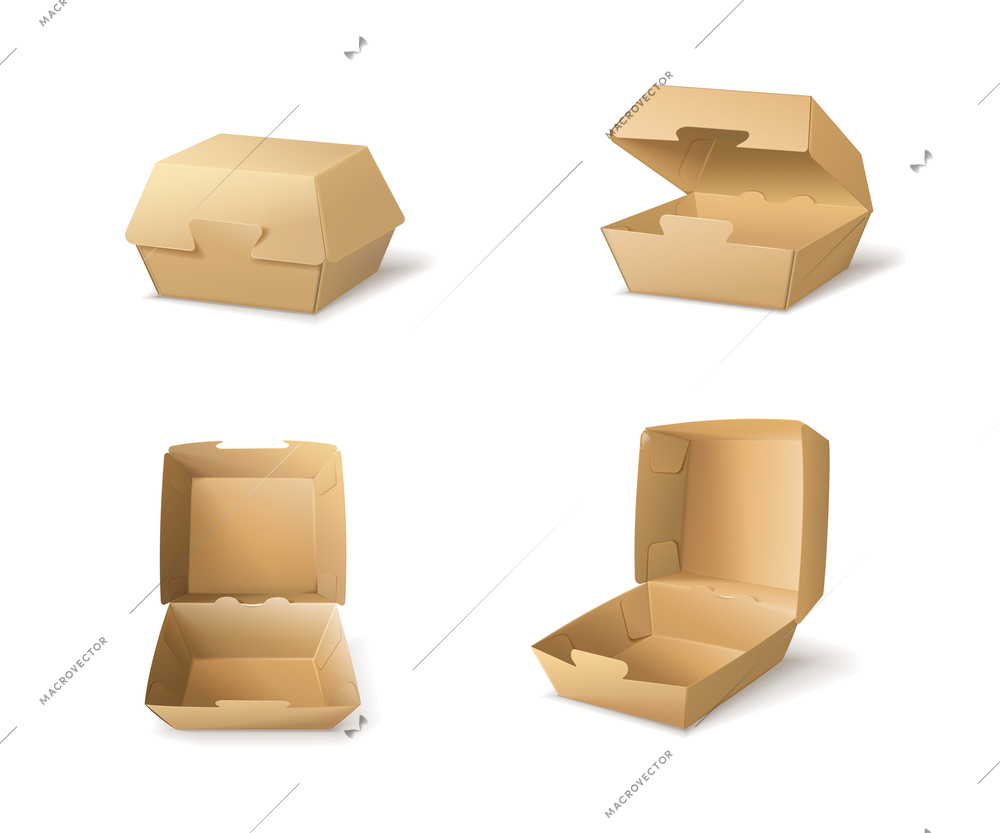 Set with isolated burger box mockup images with brown cardboard packages open and closed with shadows vector illustration