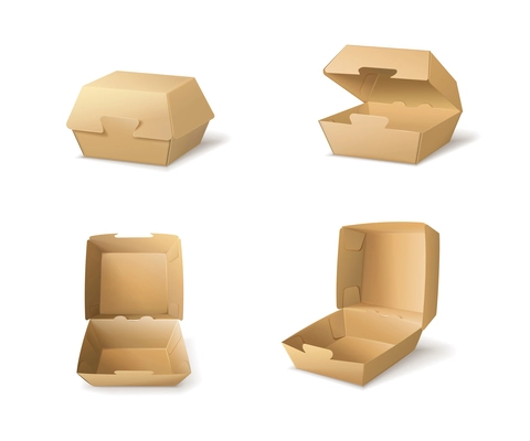 Set with isolated burger box mockup images with brown cardboard packages open and closed with shadows vector illustration