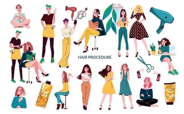 Hair procedure salon flat icon set hairdresser girls with different hairstyles and various attributes for hair styling vector illustration