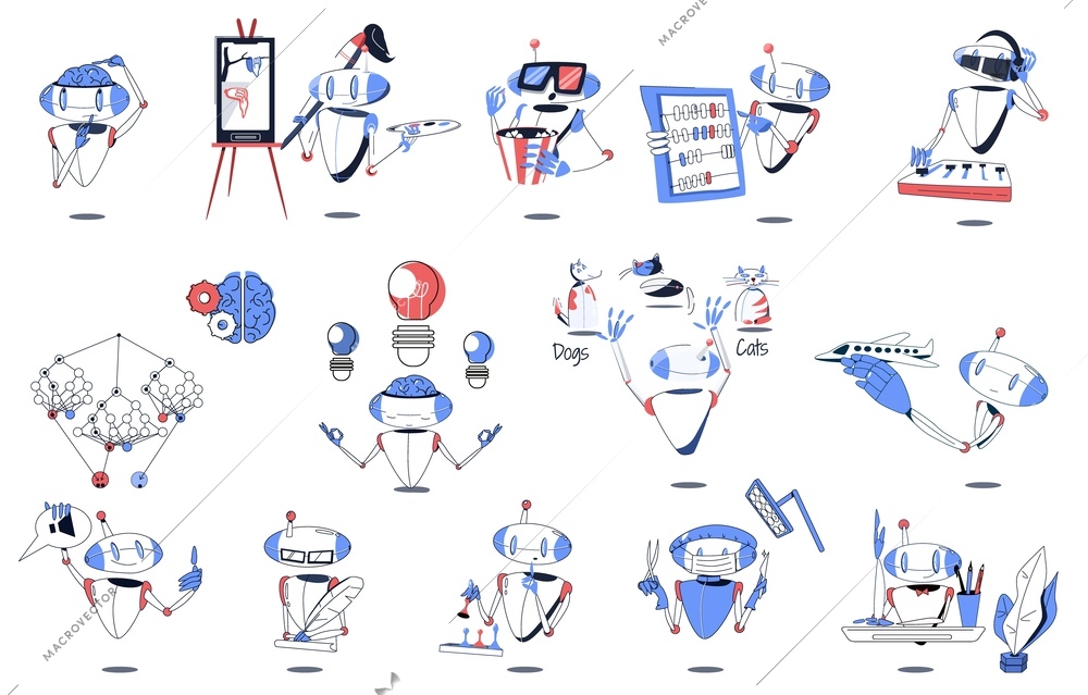 Artificial intelligence flat colored icon set robot thinks paints pictures makes decisions and brainstorms plays chess and conducts surgery vector illustration