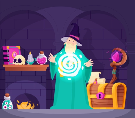 Magic poster with wizard casting a magician spell cartoon vector illustration