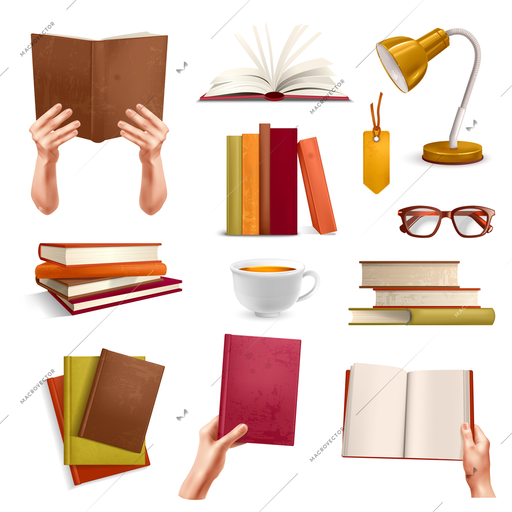 Realistic book lover icons set with bookstore and reading symbols isolated vector illustration