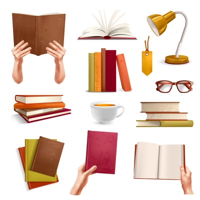 Realistic book lover icons set with bookstore and reading symbols isolated vector illustration