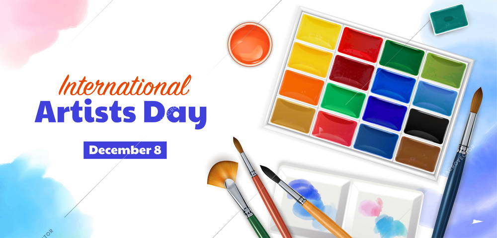 International artist day poster with color palette set with different brushes realistic vector illustration