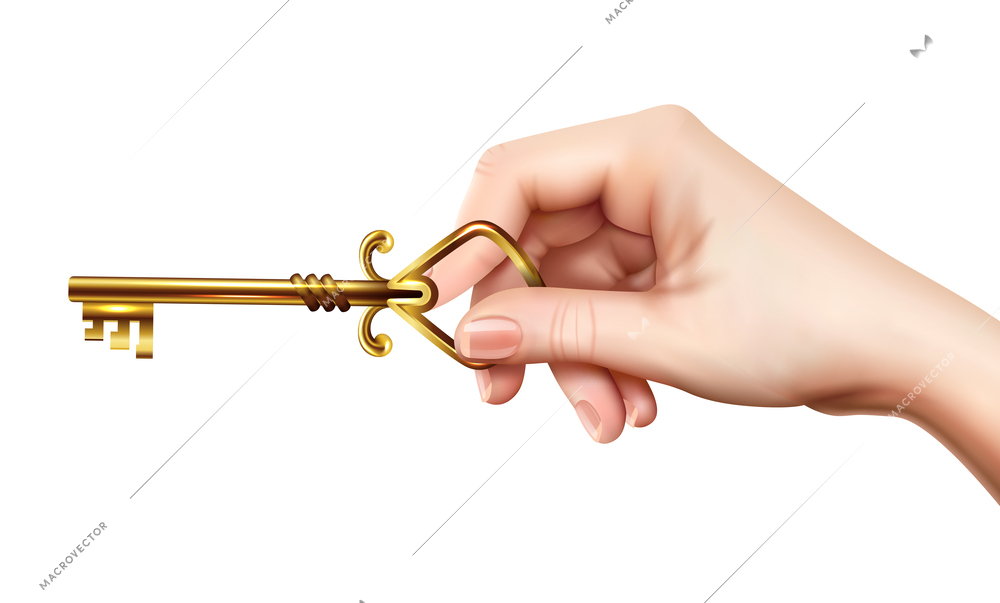 Realistic hand with vintage key composition with human hand holding retro golden key on blank background vector illustration