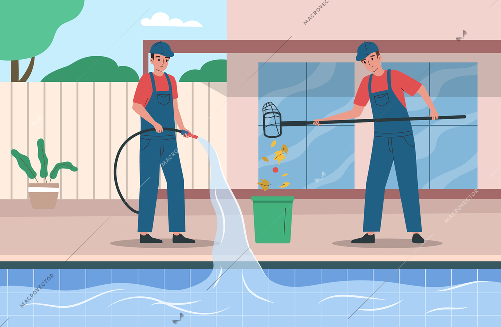 Two maintenance service workers removing leaves and cleaning swimming pool flat vector illustration