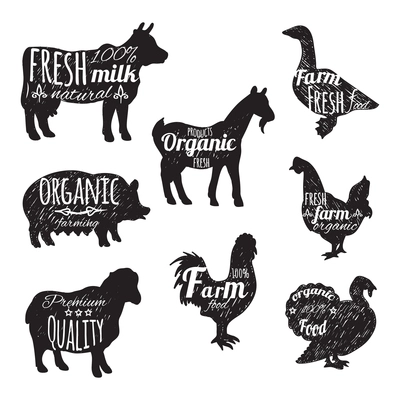 Farm animals set chalkboard decorative icons with cow sheep goose isolated vector illustration