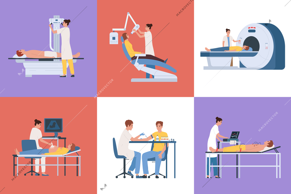 Doctors using various medical equipment to examine patients flat set isolated vector illustration