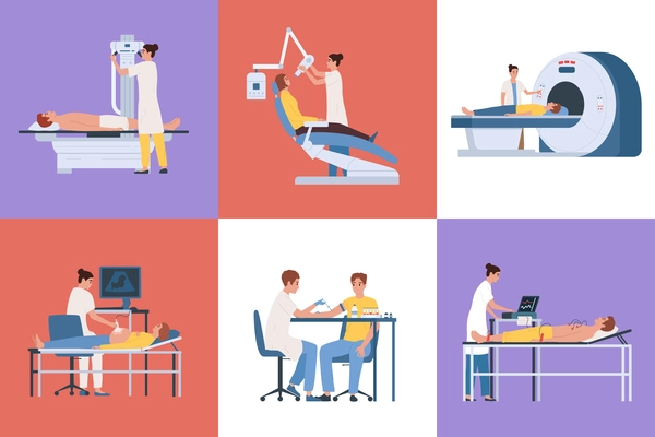 Doctors using various medical equipment to examine patients flat set isolated vector illustration