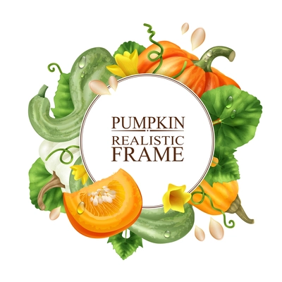 Realistic pumpkin frame with ripe colorful plants and leaves vector illustration