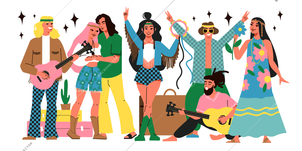 Hippie people flat composition with happy males and females with guitars vector illustration